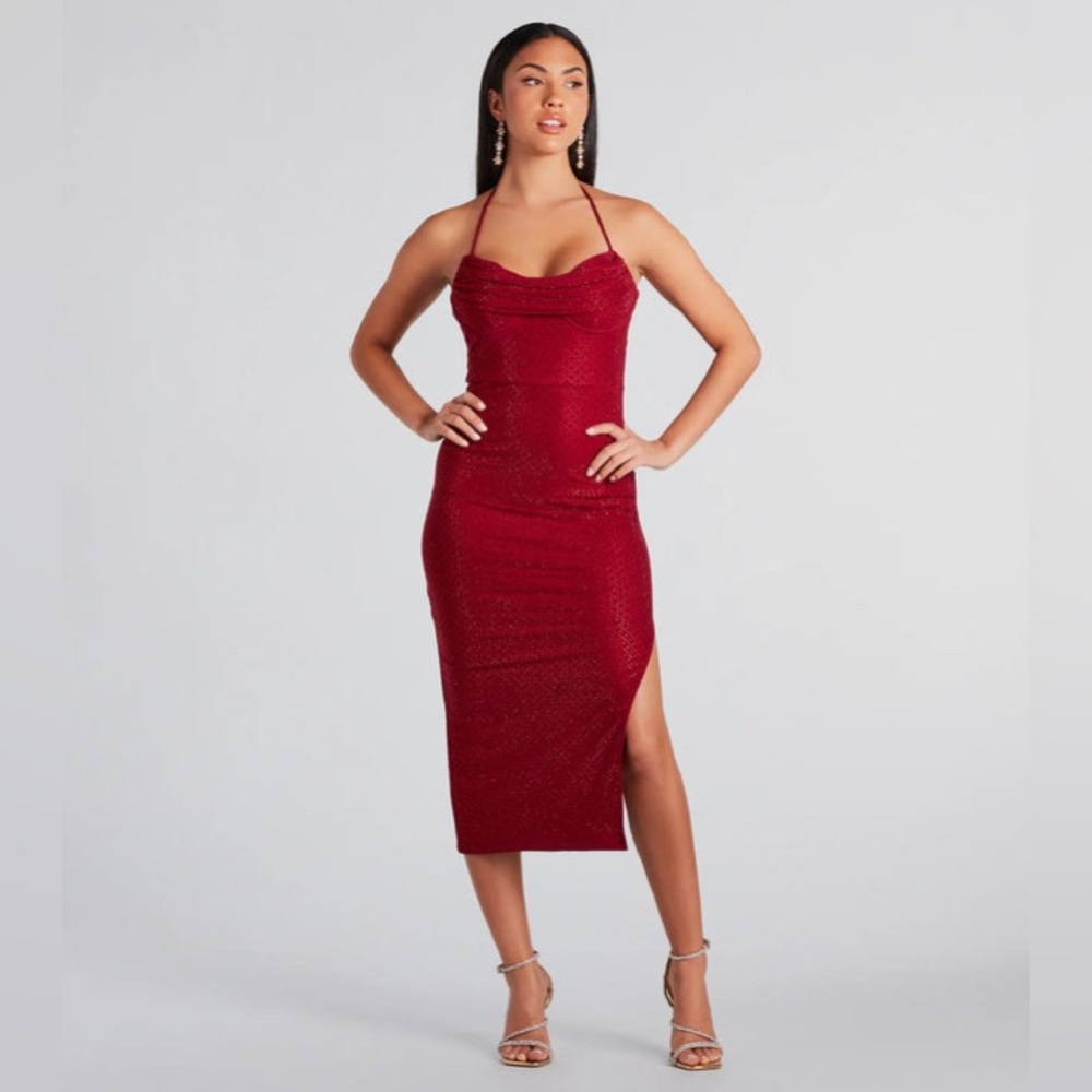 Windsor Red Wine Josie Formal Rhinestone Cowl Halter Midi Dress